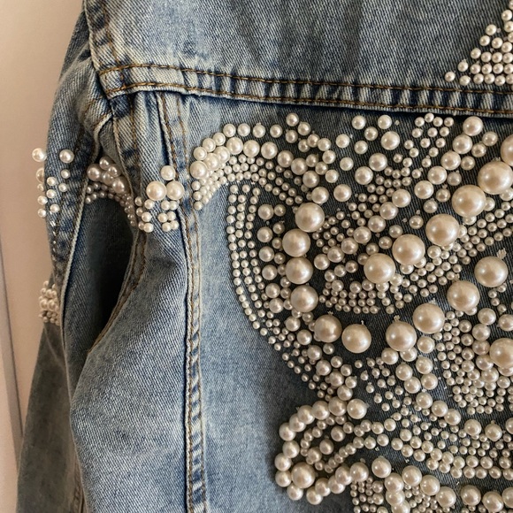 Blue Eriko Pearl Beaded Denim Button Jacket M - Picture 6 of 8
